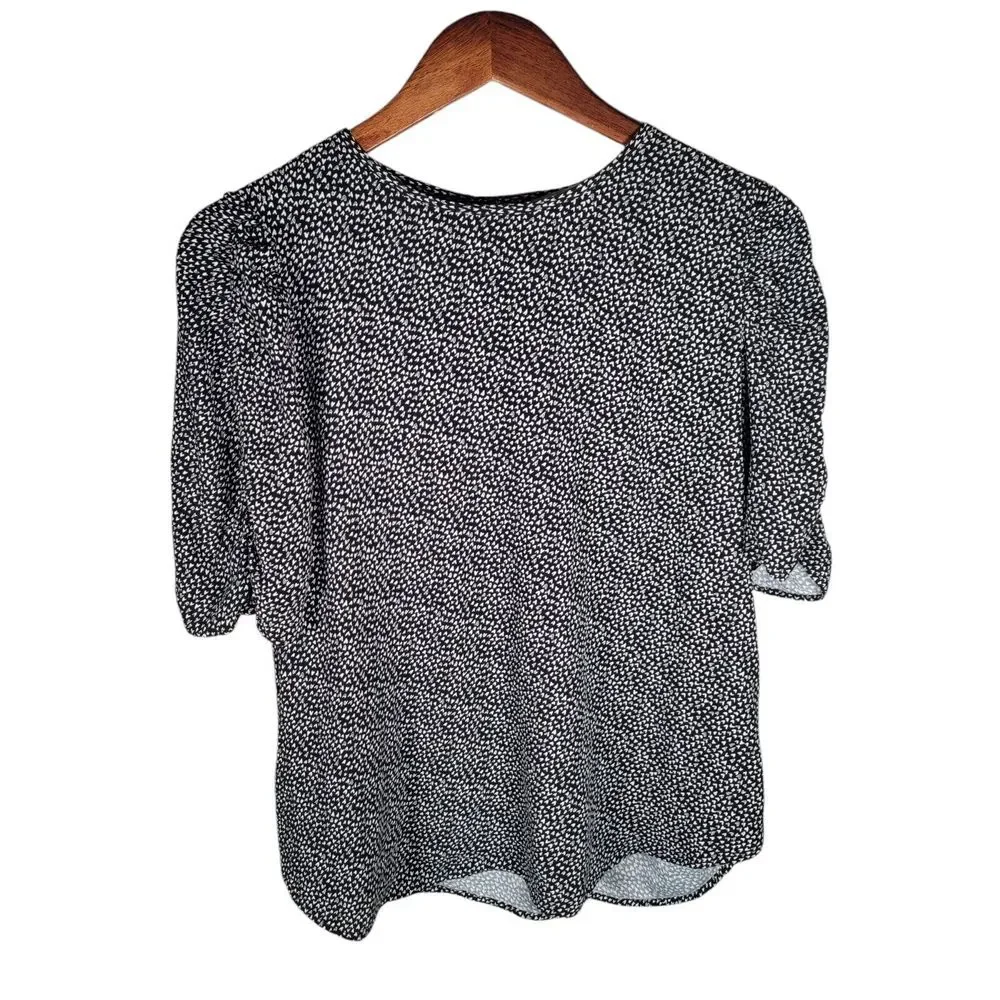 Loft Womens Size‎ Small Black White Heart Print Puff Sleeve Blouse Top